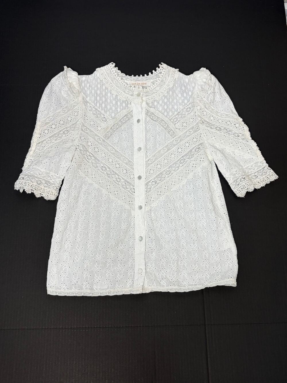 Love the Label Paola Top Women's XS Floral Embroidery Eyelet Detail Puff Sleeves